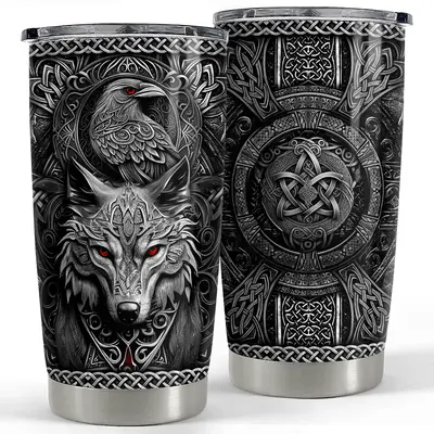 Sandjest Viking Wolf 20oz Tumbler with Lid, Stainless Steel Vacuum Insulated Portable Travel Coffee Thermal Cup, Men Gift on ...