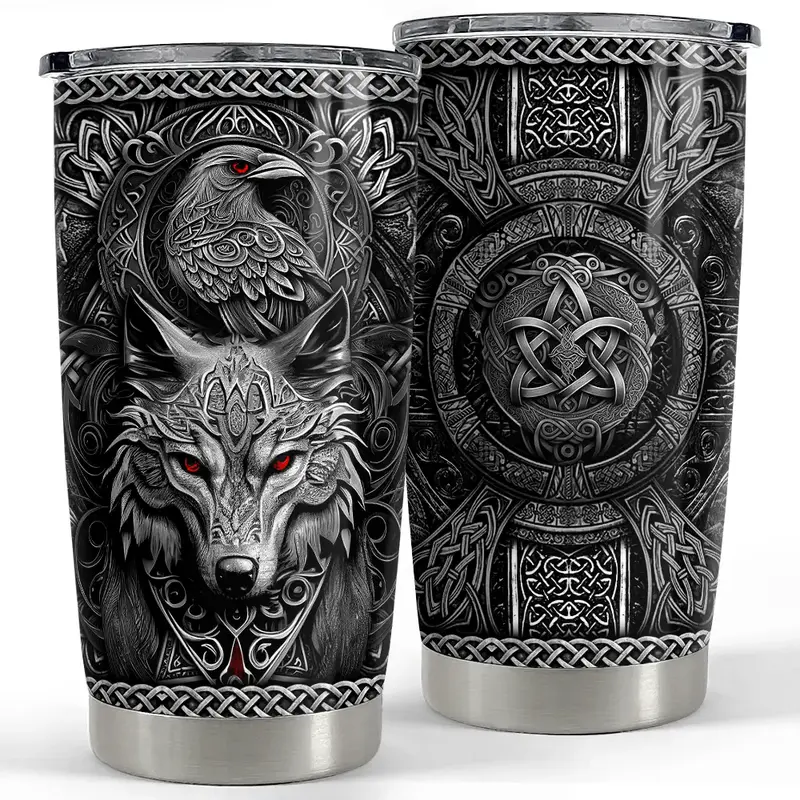 Sandjest Viking Wolf 20oz Tumbler with Lid, Stainless Steel Vacuum Insulated Portable Travel Coffee Thermal Cup, Men Gift on ...