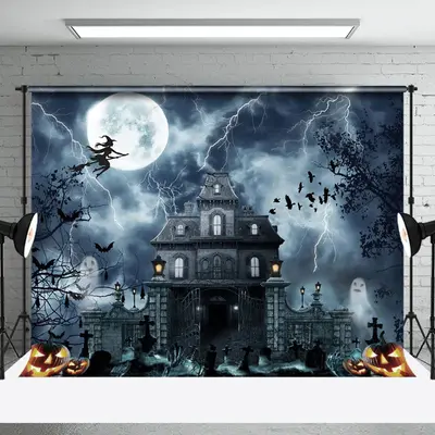 Lightning Thunder Halloween Night Witch Pumpkin Backdrop