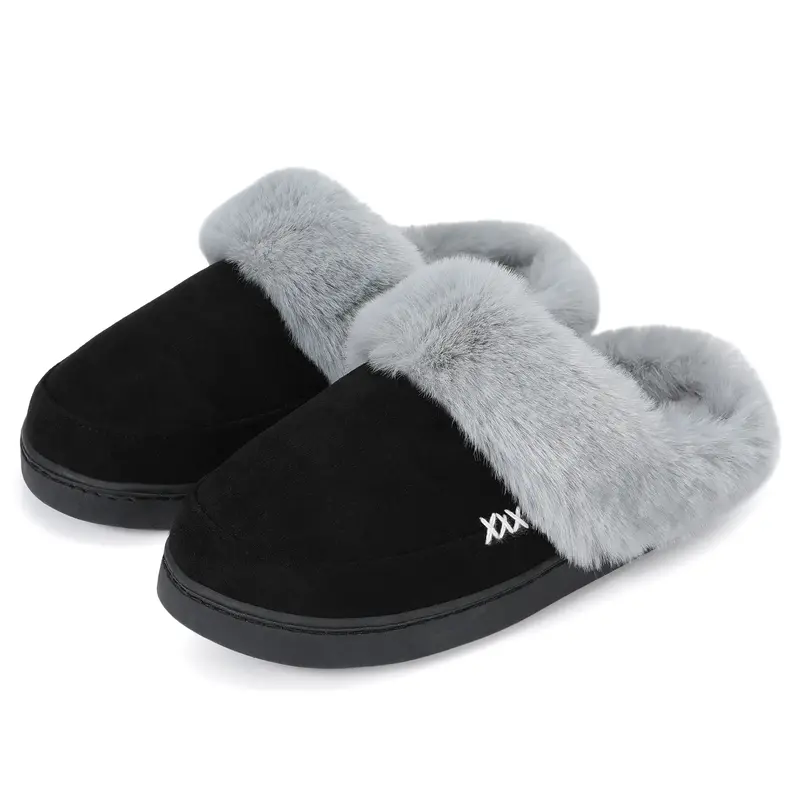 NineCiFun Women's and Men's Suede House Slippers Slip on Fuzzy Slippers with Faux Fur Lining Indoor Outdoor Home Shoes with R...