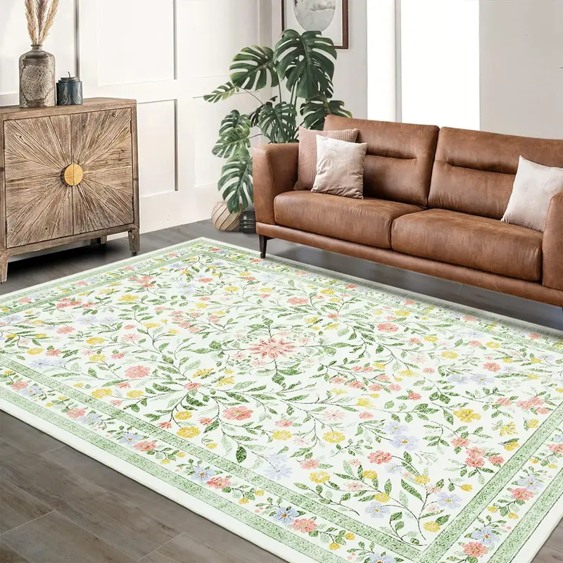 Garvee Floral Area Rugs Washable Non Slip Ultra Thin Boho Flower Indoor Floor Carpet Beige 8x10Ft Girls Room Nursery Playroom