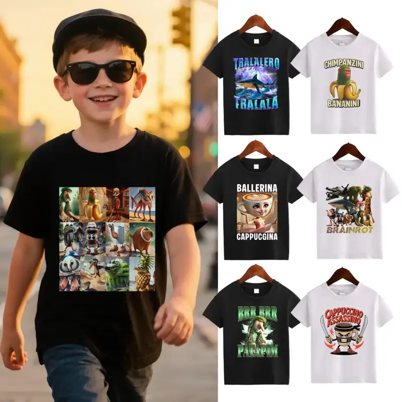 Italian Brainrot Meme Character Hand Drawn for Kids T-Shirt Toddler Boy Funny T-Shirt with Various Designs Including Ballerin...
