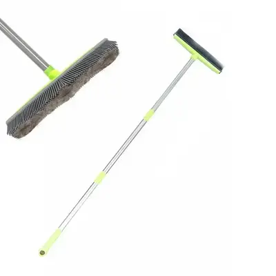 Hair Removal Broom with Scraper, 1 Count Long Handle Soft Brush, Rubber Broom for Removing Fur From Carpets & Linoleum, Suita...