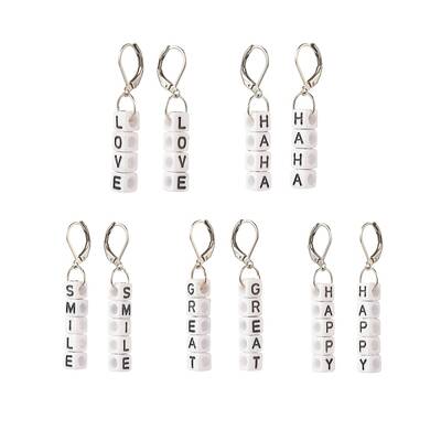 5Pair 5 Style Acrylic Cube Letter Beaded Dangle Leverback Earrings
