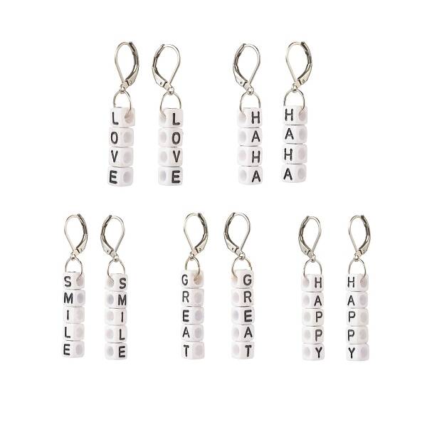 5Pair 5 Style Acrylic Cube Letter Beaded Dangle Leverback Earrings