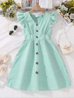 Girl's Solid Striped Print Button Front A Line Dress, Casual Butterfly Cap Sleeve V Neck Knee Length Dress for Summer, Kids C...