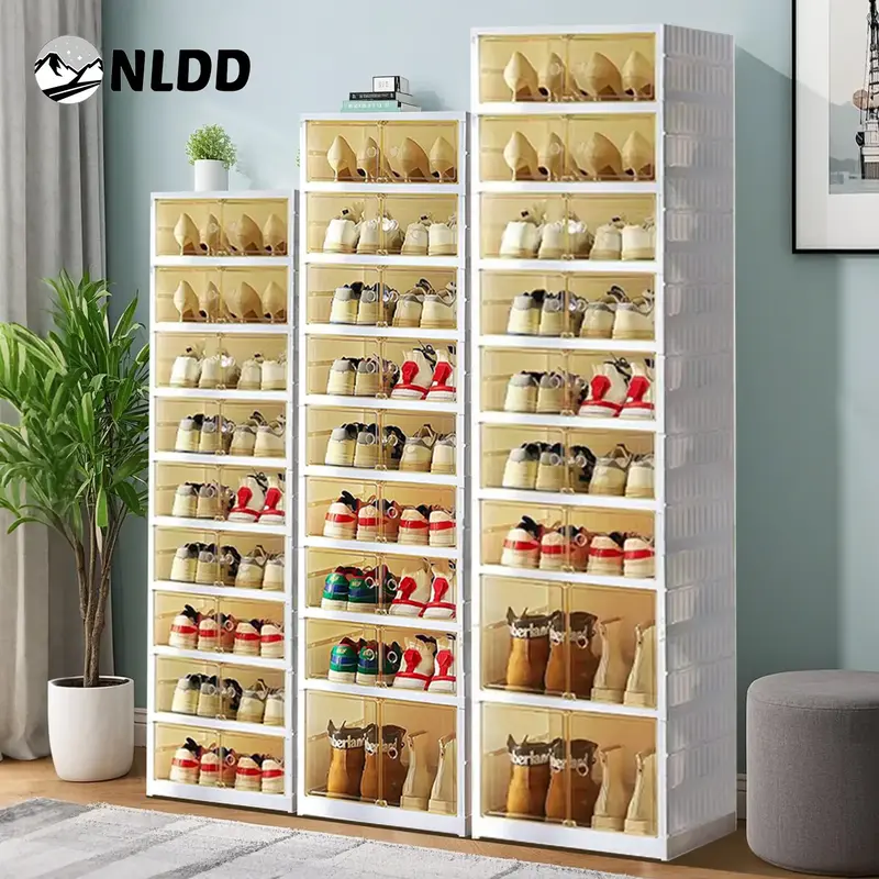 NLDD 9 Tier Foldable Shoe Rack Organizer for Closet 18Pairs Plastic Collapsible Shoe Racks Shelf Stackable Clear Folding Shoe...