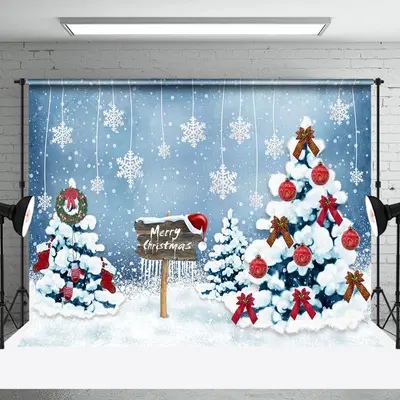 Blue Snowflakes Wreath Pine Tree Christmas Backdrop - Aperturee
