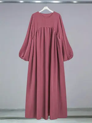 Women's Plain Round Neck Lantern Sleeve Arabian Dress, Casual Modest Long Dress, Women's Islamic Clothing for All Seasons ...