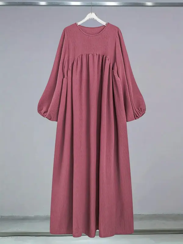 Women's Plain Round Neck Lantern Sleeve Arabian Dress, Casual Modest Long Dress, Women's Islamic Clothing for All Seasons ...