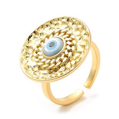 Rack Plating Brass Flat Round Open Cuff Rings with Shell Evil Eye
