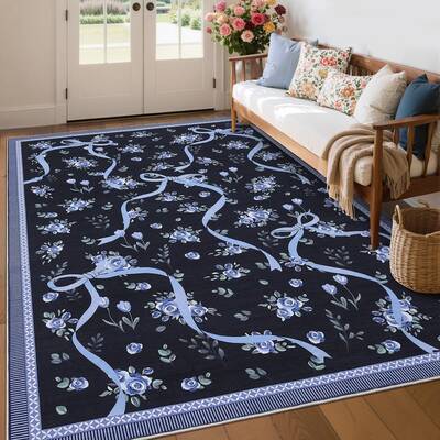 Garvee Washable Floral Area Rug 9x12 - Non-Slip, Stain Resistant - Low Pile, Non Shedding - Rubber Backing - Living Room, Bed...