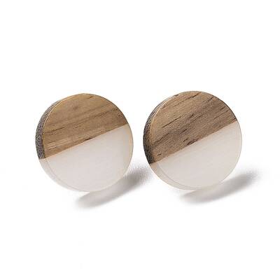 Resin & Walnut Wood Flat Round Stud Earrings with 304 Stainless Steel Pin for Women