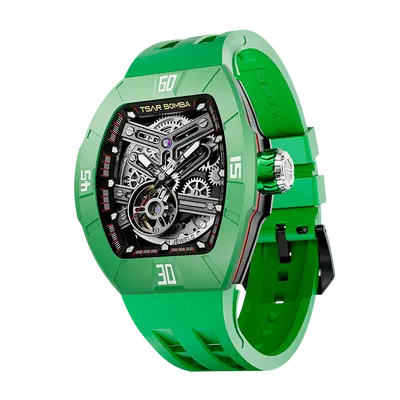 TSAR BOMBA Men's Automatic Skeleton Watch | Interchangeable Luxury Design | Dynamic Green | Atomic TB8218 | Fluororubber