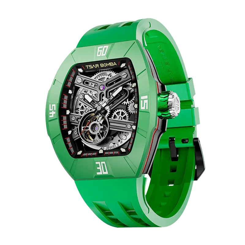 TSAR BOMBA Men's Automatic Skeleton Watch | Interchangeable Luxury Design | Dynamic Green | Atomic TB8218 | Fluororubber