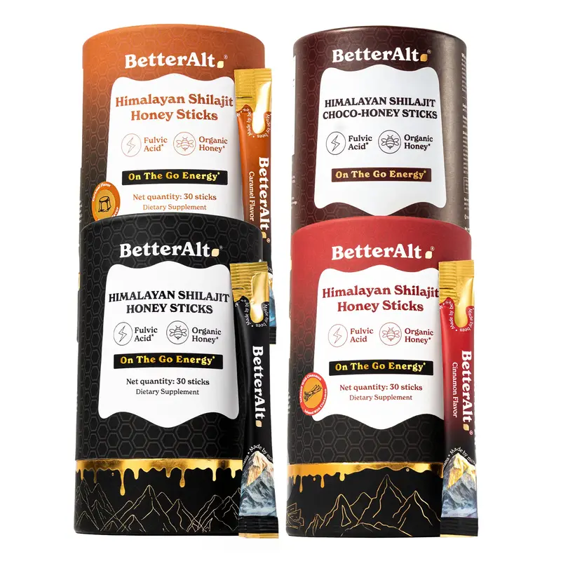 BetterAlt Shilajit Honey Sticks Variety Pack | Caramel, Cinnamon & Classic |  Lab-tested for Purity | Helps Support Energy & ...