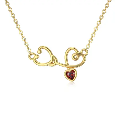14K Gold Heart Cubic Zirconia Heart Stethoscope Pendant Necklace For Women