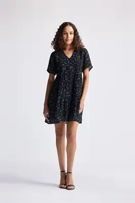 Floral Short Tiered Dress in Dark Blue | Color: Ditzy wildflowers | Size: 3XL