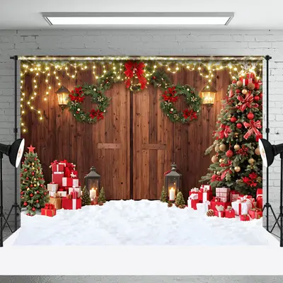Aperturee Retro Door Pine Wreath Celebrate Christmas Backdrop - Aperturee