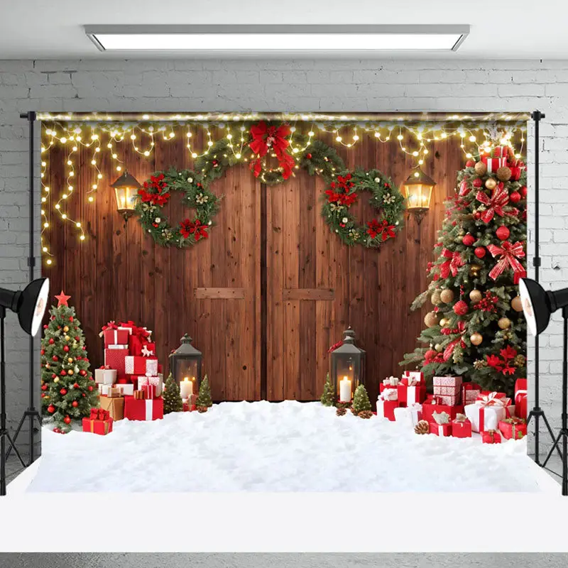 Aperturee Retro Door Pine Wreath Celebrate Christmas Backdrop - Aperturee