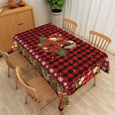 Red Black Plaid Jingle Bells Christmas Tablecloth - Aperturee