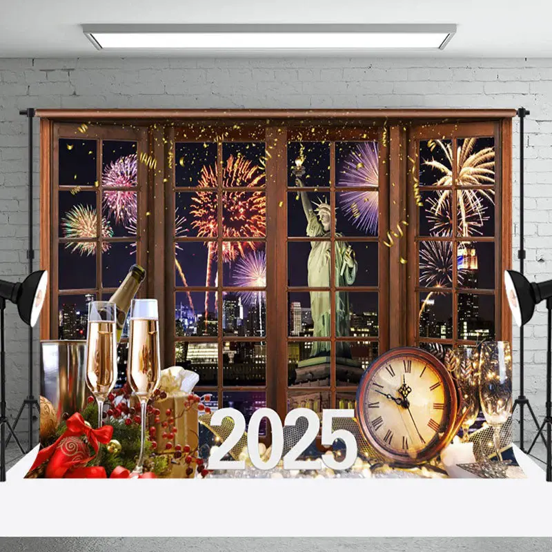 Aperturee Window City Scene Celebration New Year 2025 Backdrop - Aperturee