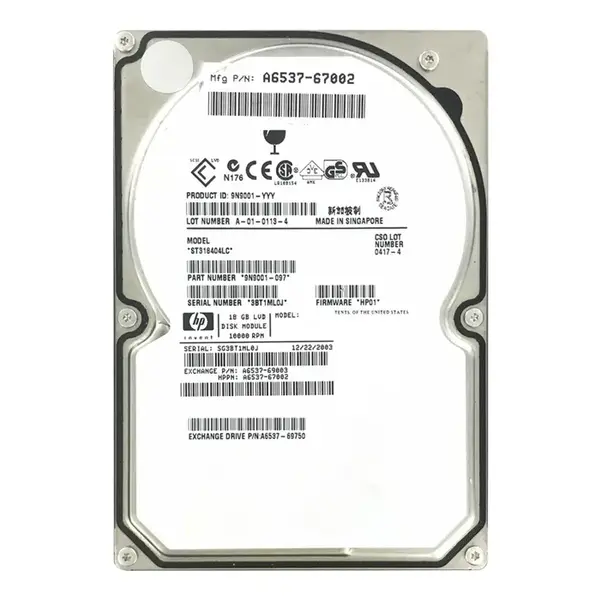 A6537-67002 HP 18.2GB 10000RPM Ultra-160 SCSI 80-Pin LVD 3.5-inch HDD