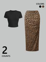 Women's Leopard Print Curved Hem Crop Top & Skirt Two-Piece Set, Casual Fashion Cozy Top & Skirt for Daily Outdoor Wear, Ladi...