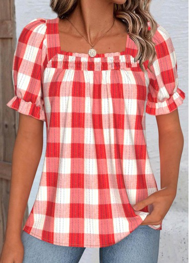 Modlily Red Plaid Short Sleeve Square Neck Blouse - M