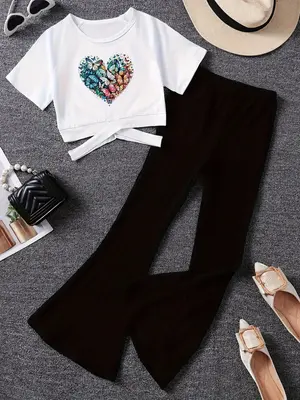 Two-Piece Set Girl's Heart Print Raglan Sleeve Tee & Flare Leg Pants Set, Casual Fashion Cozy Round Neck Short Sleeve T-Shirt...