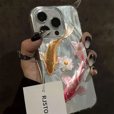 Koi Fish & Lotus Pattern Phone Case, Clear Phone Cases for iPhone 16 15 14 13 12 11 Pro Max X XS XR, Phone Accessories, Cover