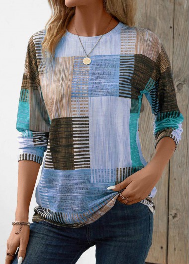Modlily Blue Patchwork Geometric Print Long Sleeve T Shirt - XXL