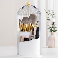 Makeup Brush Holder Organizer with Lid - 360° Rotating Clear Dustproof Storage Box for Vanity Bathroom Countertop in White H...