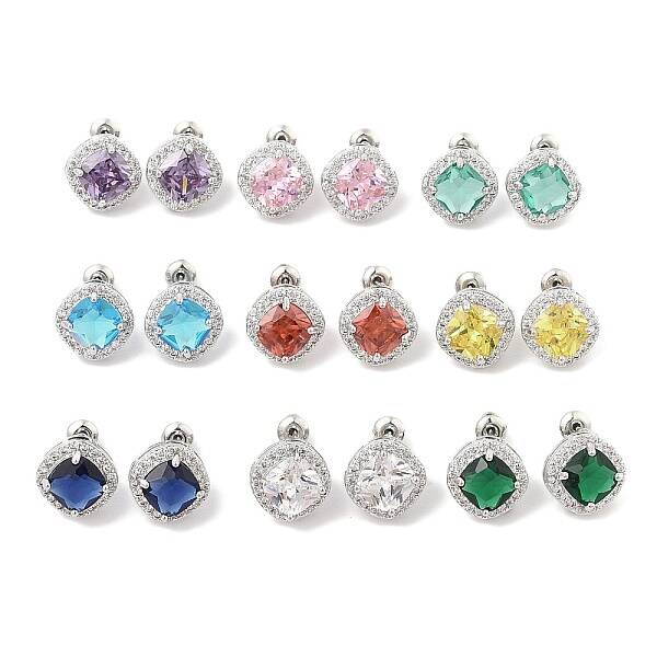 Brass Pave Cubic Zirconia Square Stud Earrings for Women
