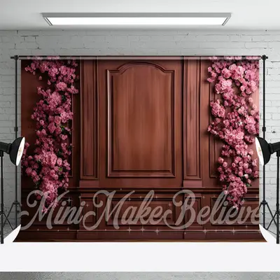 Reddish Brown Wooden Wall Pink Flowers Backdrop - Aperturee