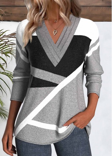 Modlily Grey Patchwork Geometric Print Long Sleeve T Shirt - M