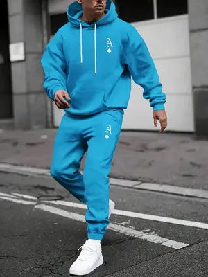 Two-Piece Set Men's Playing Card Print Drawstring Hoodie & Sweatpants Set, Casual Regular Fit Long Sleeve Hooded Sweatshirt &...