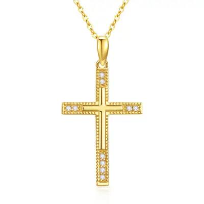 14K Gold Cubic Zirconia Cross Pendant Necklace