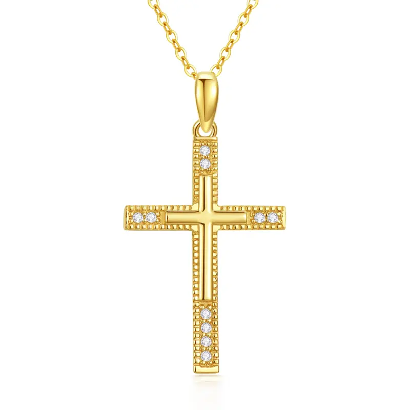 14K Gold Cubic Zirconia Cross Pendant Necklace