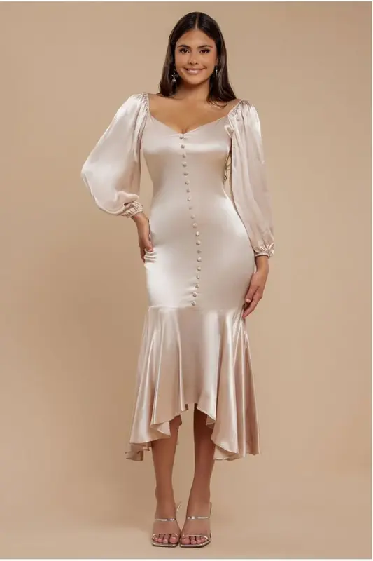 Goddiva Satin Viscose Front Buttoned Dipped Hem Midaxi Dress - Champagne