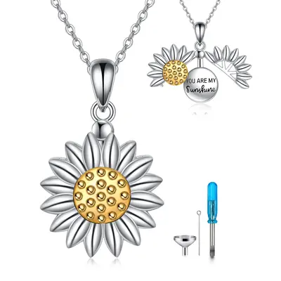 Sterling Silver Two-tone Sunflower Urn Necklace for Ashes