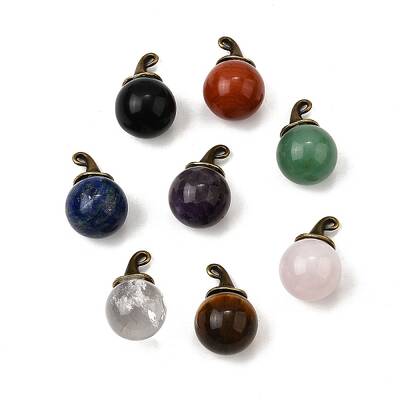 Natural Mixed Stone Round Pendants with Alloy Witch Hat