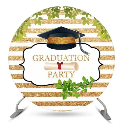 Aperturee Gold White Stripes Leaves Round Grad Party Backdrop | Grad Party Picture Backdrop | Diy Graduation Photo Backdrop |...
