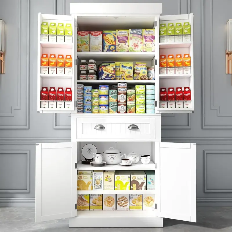 72 Freestanding Kitchen Pantry Storage Cabinet with Doors and Adjustable Shelves, Storage Cupboard with Large Drawer for Ki...