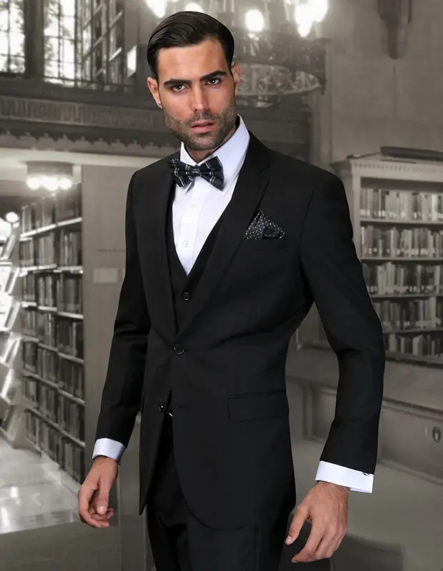 Mens 2 Button Skinny Vested Wool Suit in Black