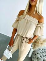 Women's Off Shoulder Belted Jumpsuit, Casual Modern Modesty Frill Trim Pocket Jumpsuit for Summer, Fashion Women's Clothes fo...