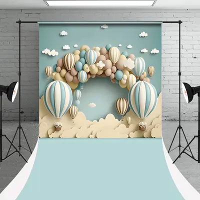 Blue Hot Air Balloons Clouds Sweep Photo Backdrop - Aperturee