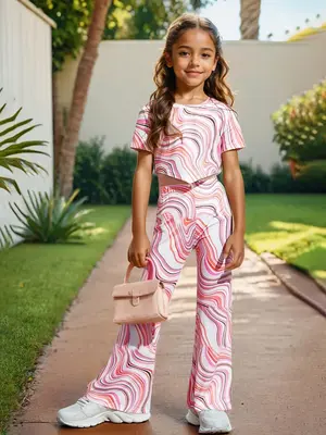 Girl's Marble Print Two-piece Set, Casual Short Sleeve Round Neck Top & Flare  Leg Pants for Summer, Kids Clothes for Daily W...