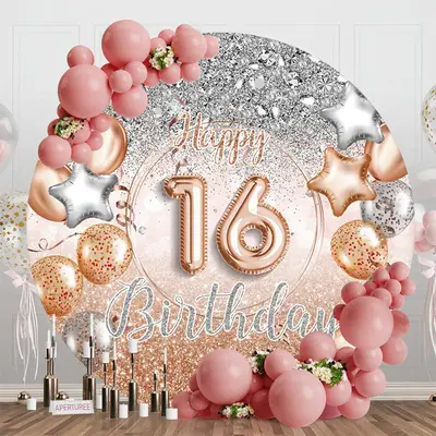 Aperturee Gold Silver Glitter Round 16th Birthday Backdrop, Diameter 5Ft/1.5M, 49 USD, round birthday backdrops, RLH0C282-C