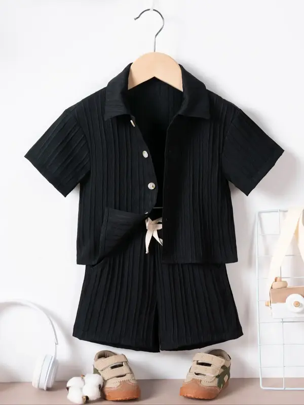 Two-Piece Set Boy's Solid Ribbed Button Front Shirt & Shorts Set, Casual Short Sleeve Collared Top & Shorts for Summer, Kids ...